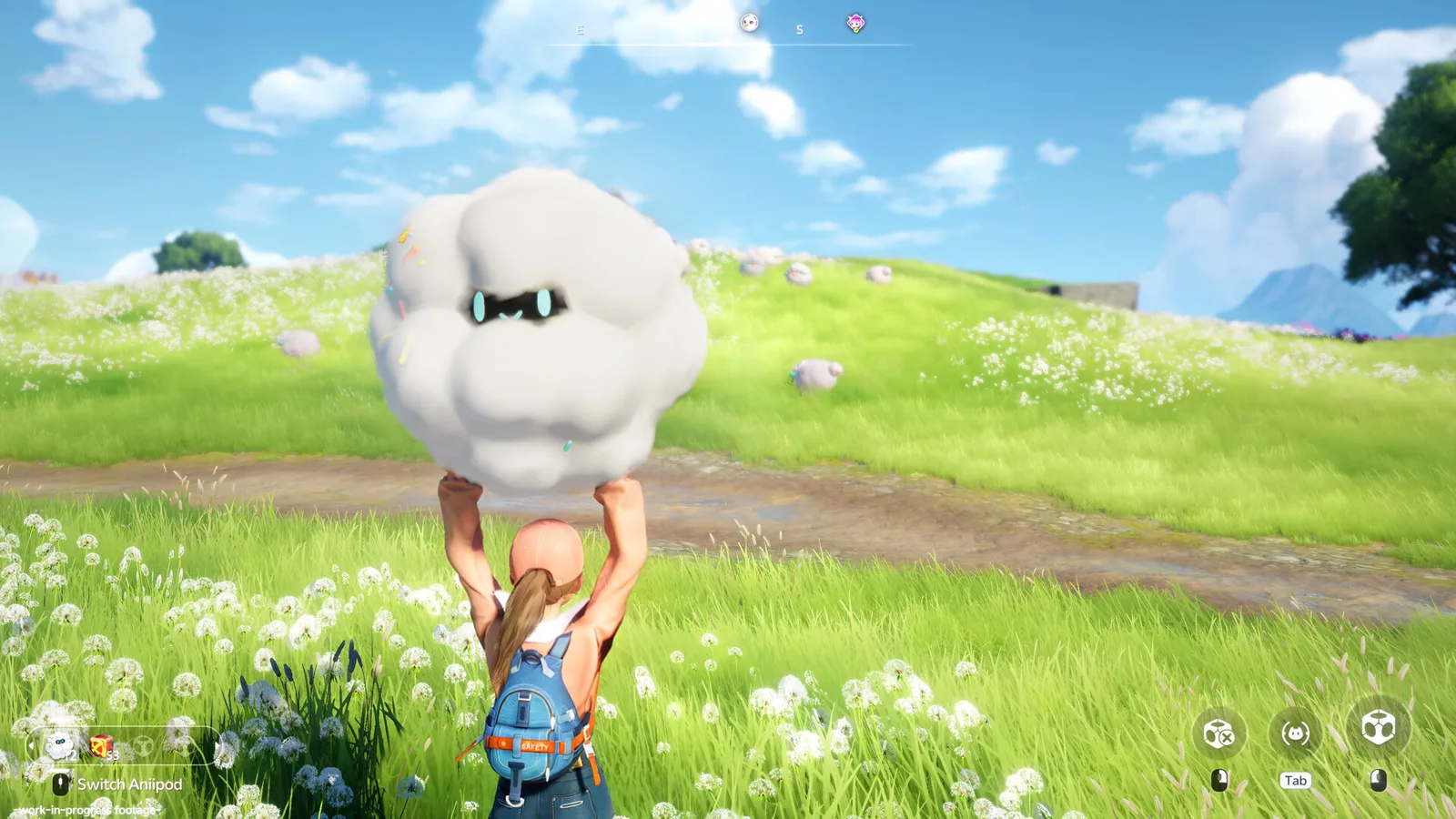 Official Aniimo screenshot of a player carrying a round white Aniimo in a meadow