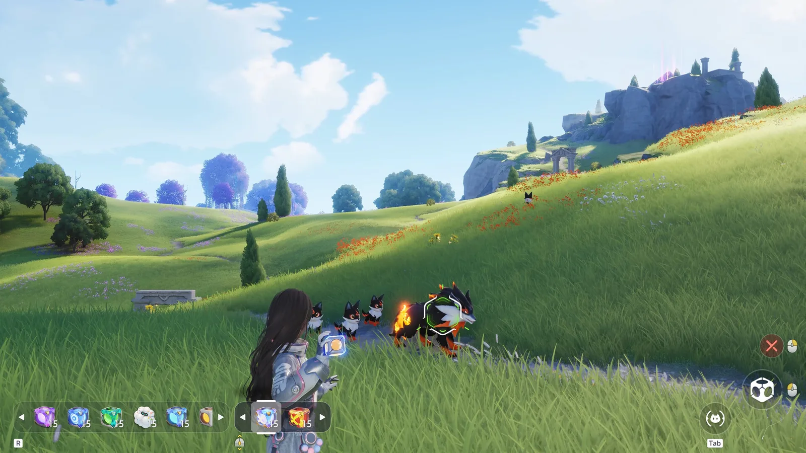 Official Aniimo screenshot of a player and several creatures on a bright grassy hillside